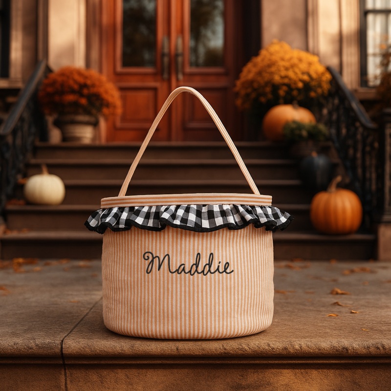 Personalized Halloween Bucket Bag – Orange Seersucker Stripes with Black Gingham Ruffles – Embroidered Name
