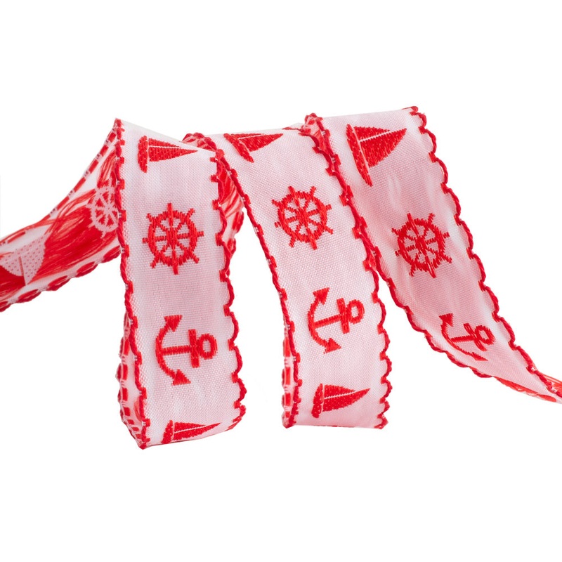 Red Nautical on White – 7/8″ – by the yard