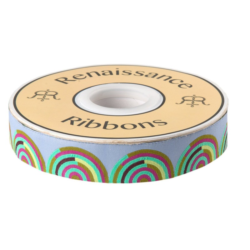 Fuchsia and Mint on Gray Hypnotizer ribbon-Tula Pink – 7/8″ -by the yard