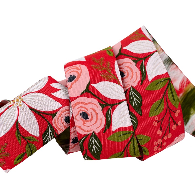 Berry and Pine – Poinsettia Party in Holly – 1-1/2″ width – by Lella Boutique – One Yard