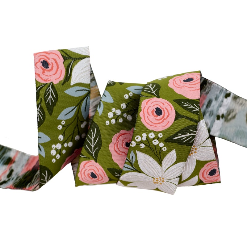 Berry and Pine – Poinsettia Party in Pine – 1-1/2″ width – by Lella Boutique – One Yard