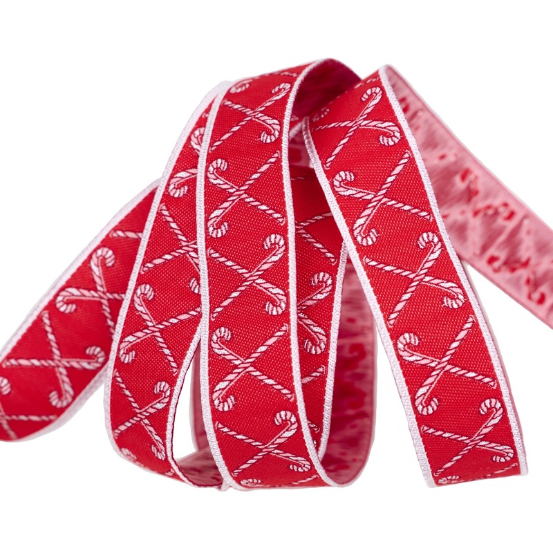 Mistletoe and Holly – Criss Cross Candy Canes – 3/4″ width – by Beverly McCullough – One Yard