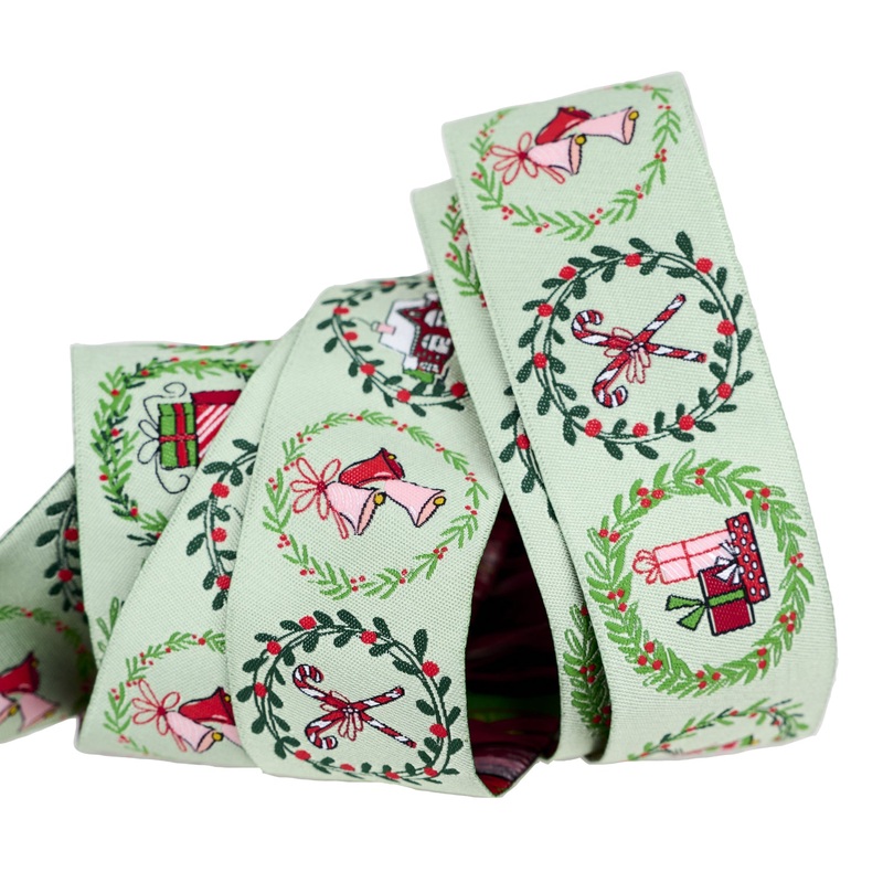 Mistletoe and Holly – Mistletoe Wreaths – 1-1/2″ width – by Beverly McCullough – One Yard