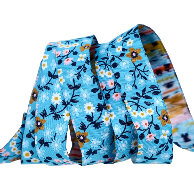 Strawberry – Clothesline Floral in Vintage Blue – 7/8″ width – by Kimberly Kight – One Yard