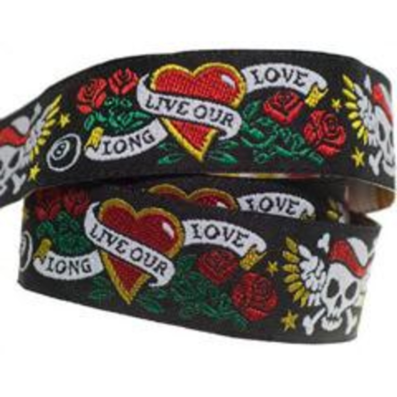 Black Tattoo Ribbon with Skull & Bones – 7/8″ -by the yard