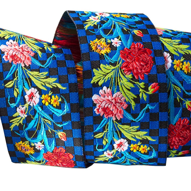 Flowers and Checkerboard – 1-1/2″ – Odile – by the yard