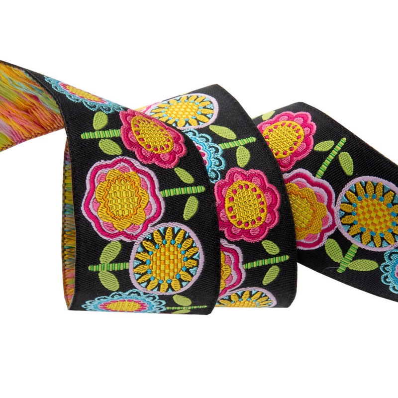 Hippie Flower Row on Black by Mary Engelbreit – 1 1/2″ by the yd