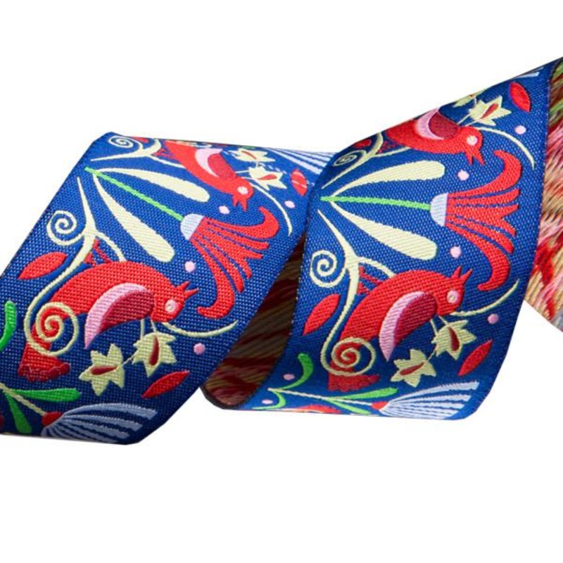 Red Art Deco Birds on indigo  by Jane Sassaman – 1-1/2″- by the yard