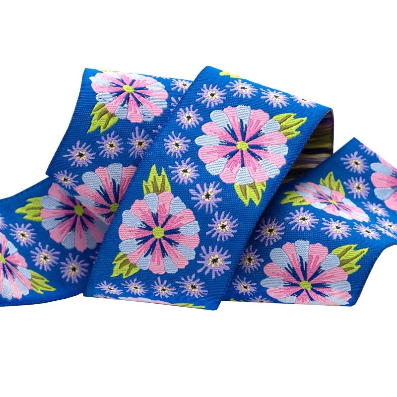 Wide Blue Embroidered Flower Row – 1-1/2″ width – by Kaffe Fassett – One Yard