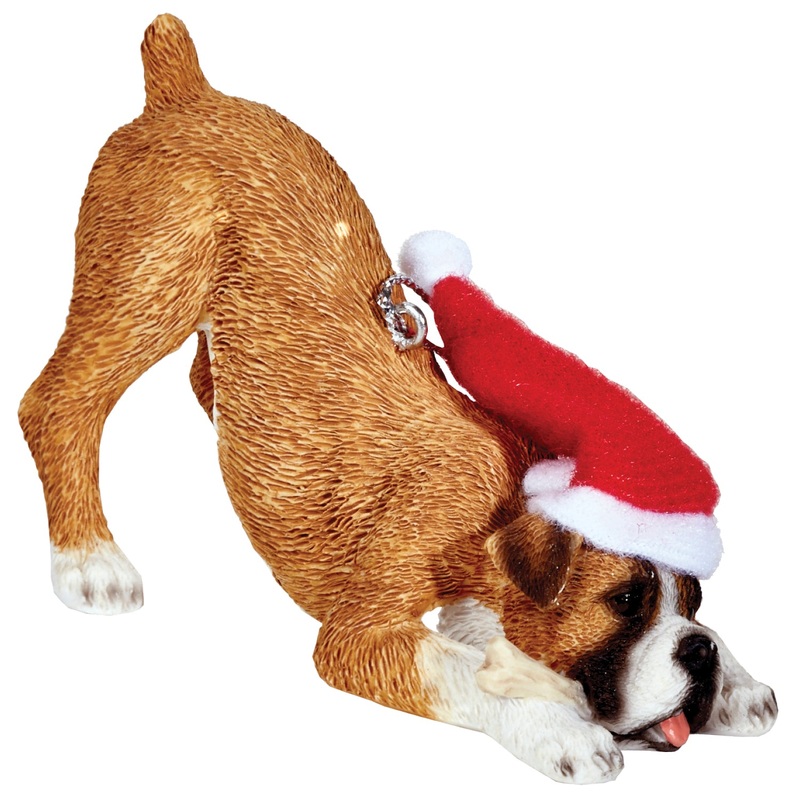 Sandicast Crouching FawnBoxer w/ Santa’s Hat Christmas Dog Ornament