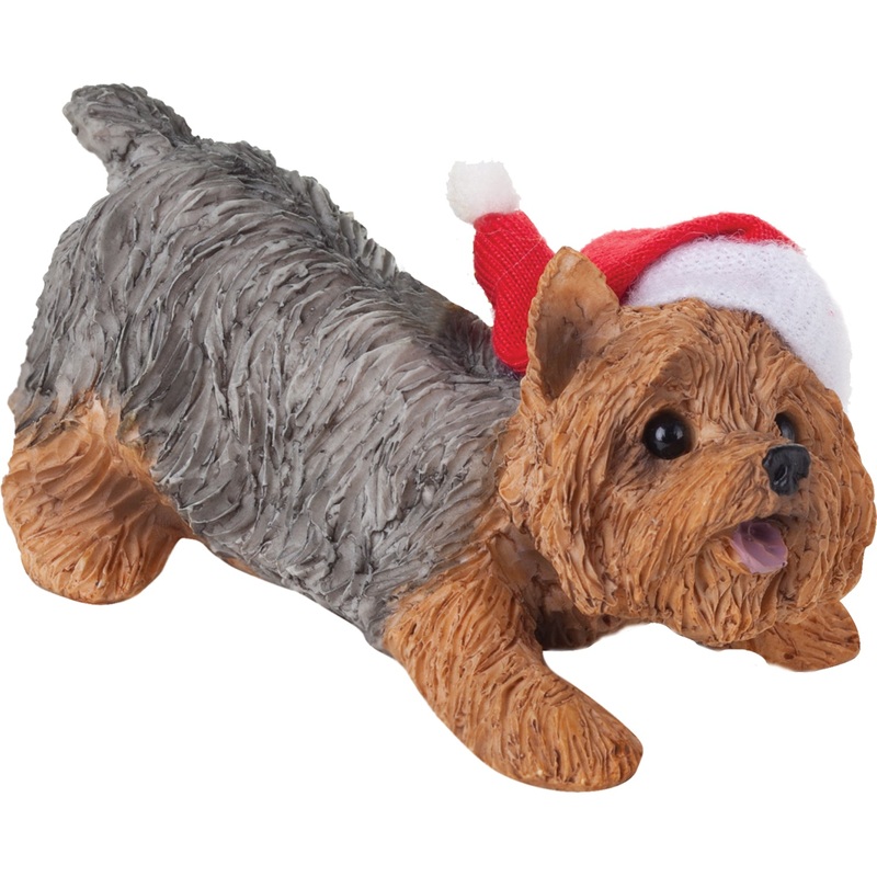 Sandicast Crouching Yorkshire Terrier w/ Santa’s Hat Christmas Dog Ornament