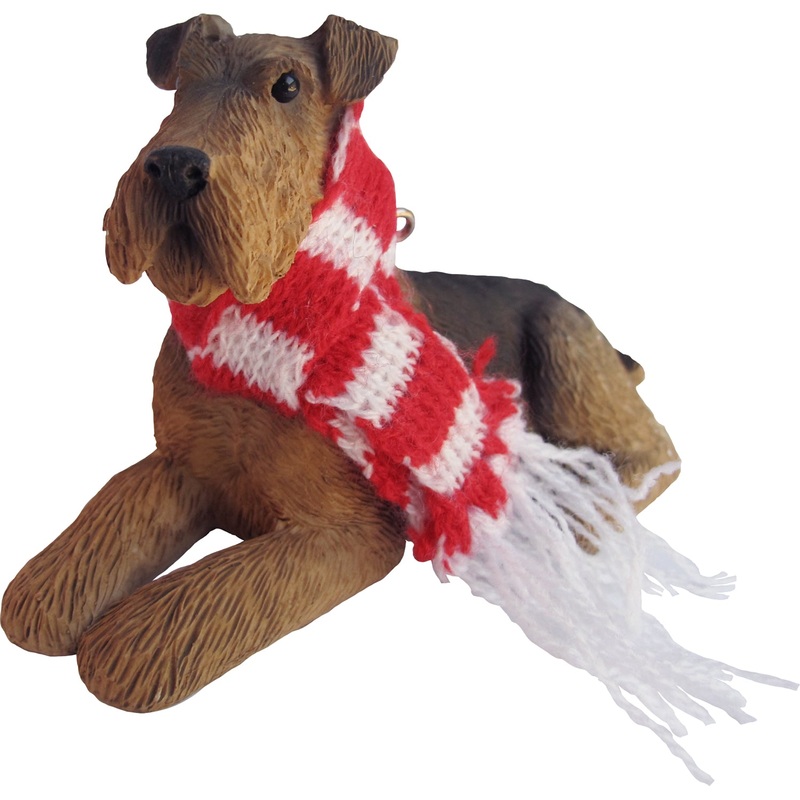 Sandicast Lying Airedale Terrier w/ Scarf Christmas Dog Ornament