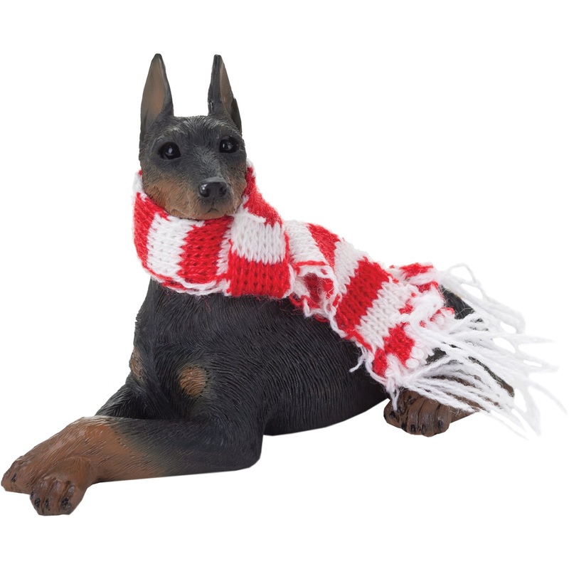 Sandicast Lying Black Doberman Pinscher w/ Scarf Christmas Dog Ornament