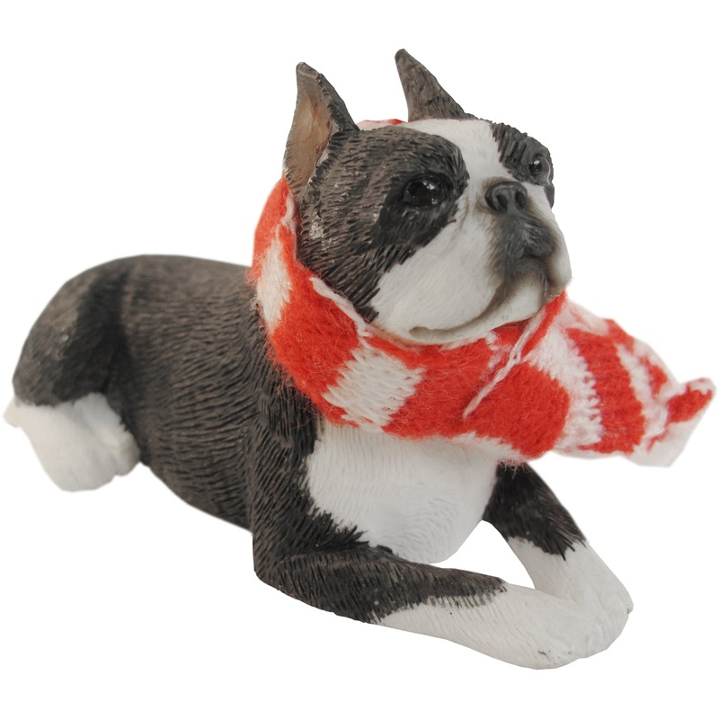 Sandicast Lying Boston Terrier w/ Scarf Christmas Dog Ornament