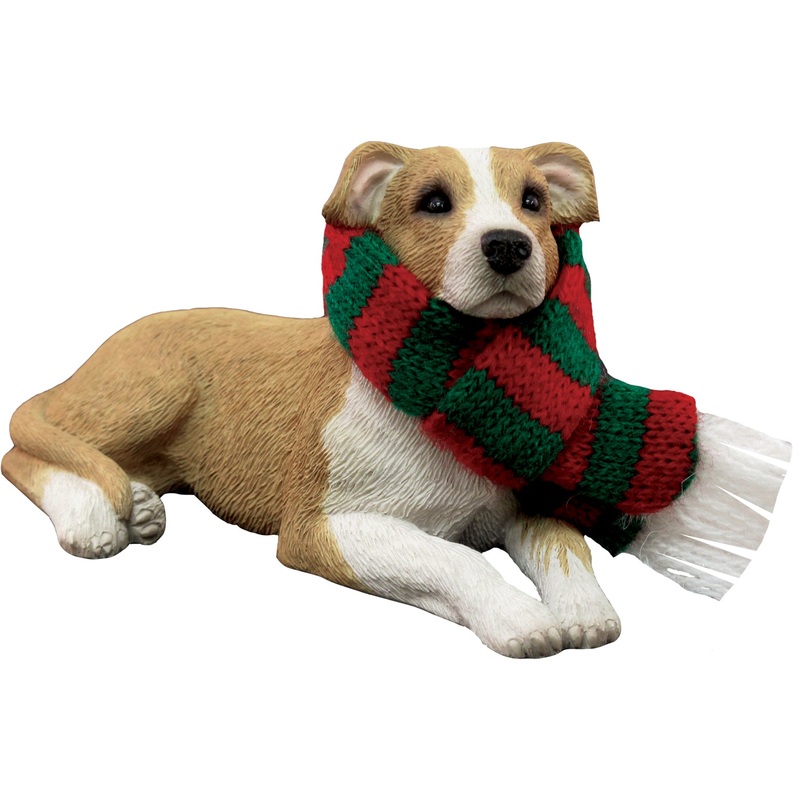 Sandicast Lying Fawn & WhitePit Bull Terrier w/ Scarf Christmas Dog Ornament