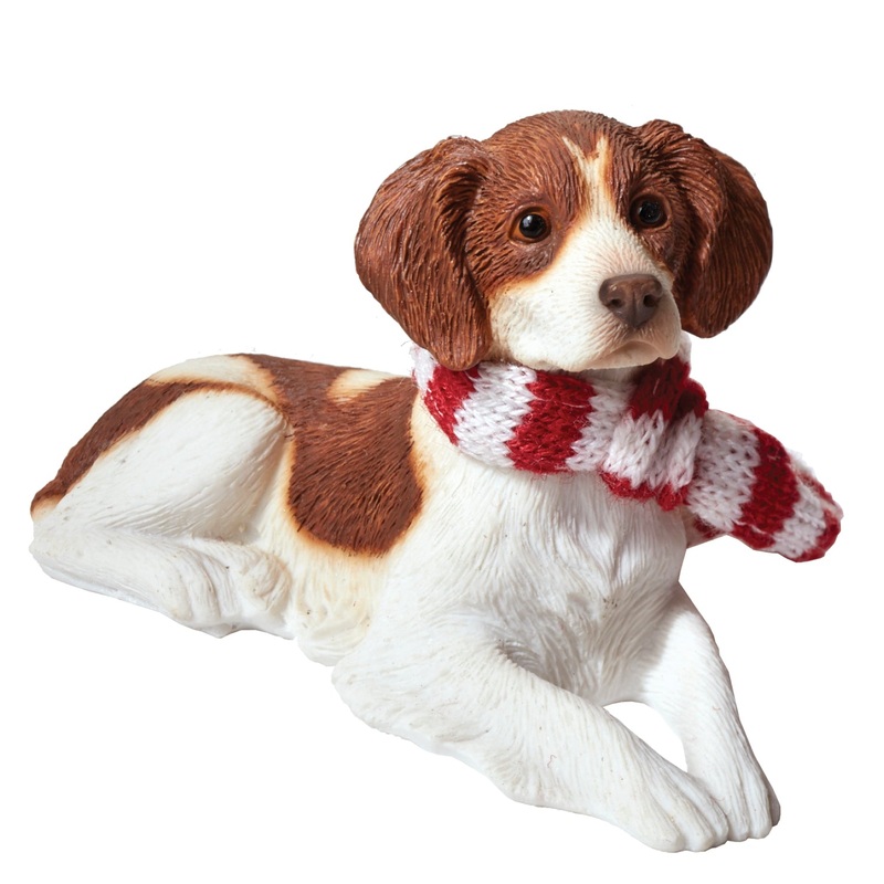 Sandicast Lying Orange & White Brittany w/ Scarf Christmas Dog Ornament