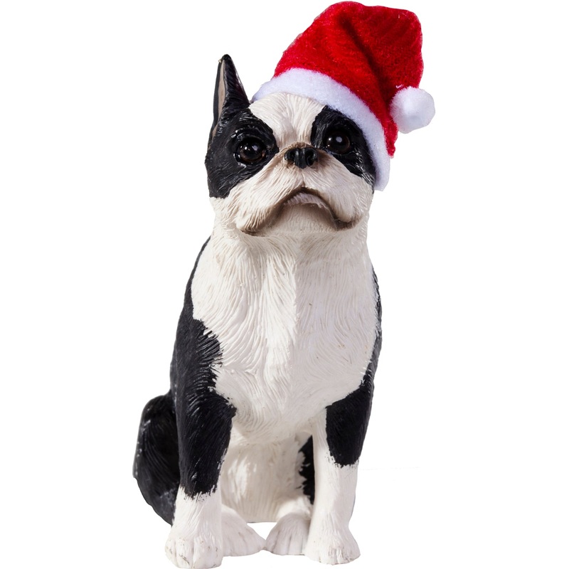 Sandicast Sitting Boston Terrier w/ Santa’s Hat Christmas Dog Ornament
