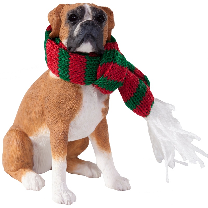 Sandicast Sitting Fawn Boxer w/ Scarf Christmas Dog Ornament