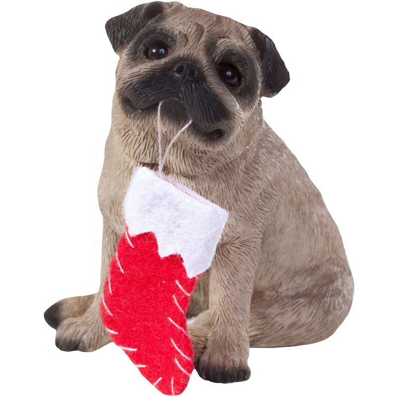 Sandicast Sitting Fawn Pug w/ Stocking Christmas Dog Ornament