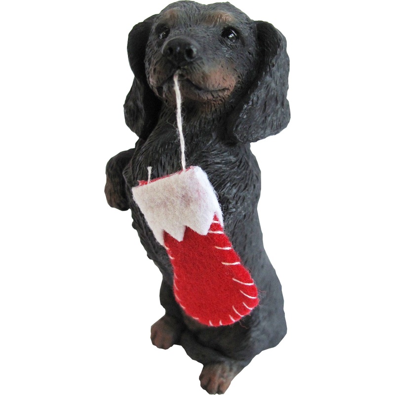 Sandicast Sitting Pretty Black Dachshund w/ Stocking Christmas Dog Ornament