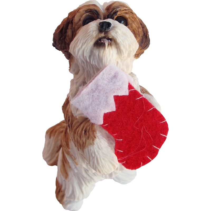 Sandicast Sitting Pretty Gold & White Shih Tzu w/ Stocking Christmas Ornament