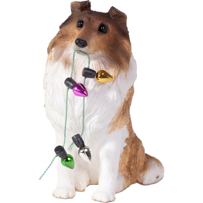 Sandicast Sitting Sable & White Collie w/ Lights Christmas Dog Ornament
