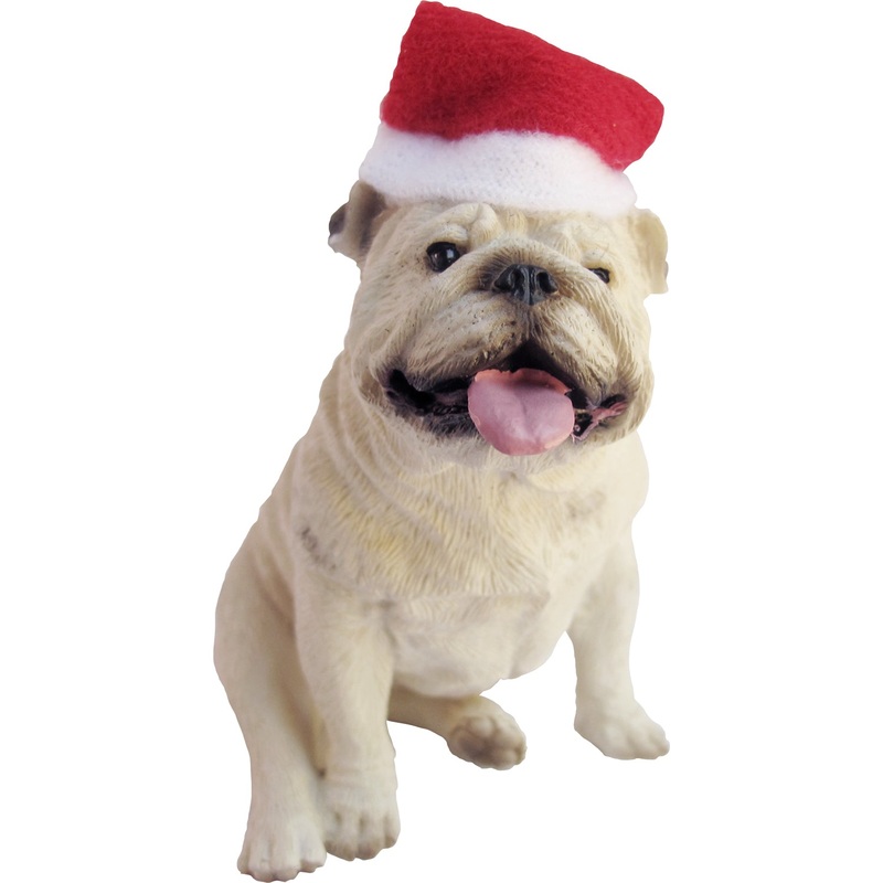 Sandicast Sitting White Bulldog w/ Santa’s Hat Christmas Dog Ornament