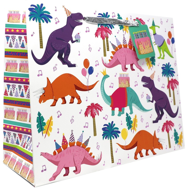 Large Birthday Gift Bags, Dinosaur Party with Holographic Accents