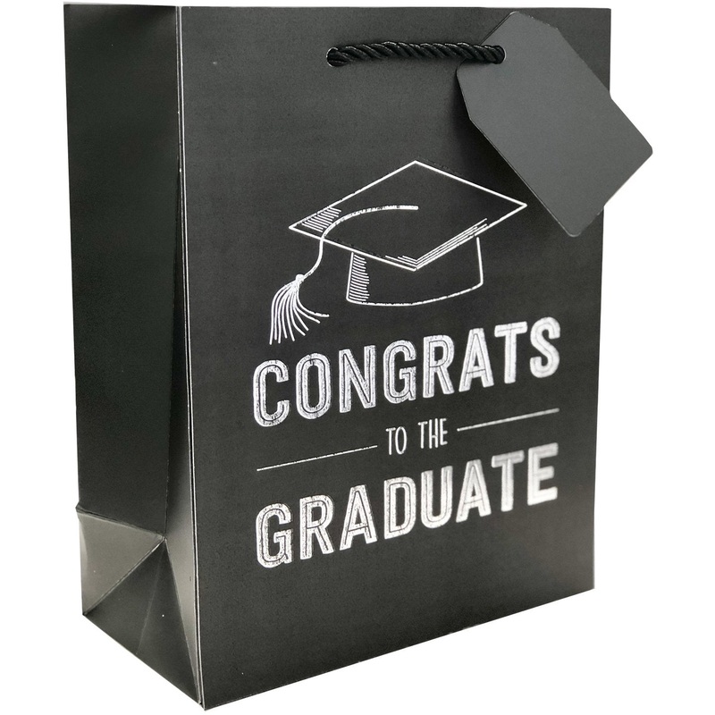 Medium Matte Black Graduation Gift Bags with Silver Foil, Congrats