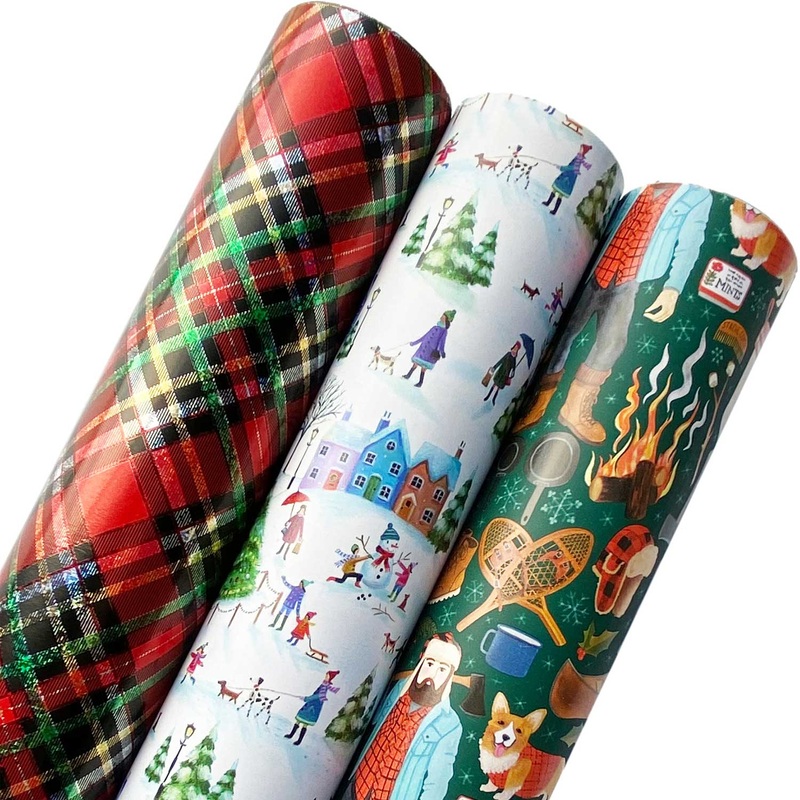 Mature Christmas Wrapping Paper Roll Bundle with Cut Lines on Reverse