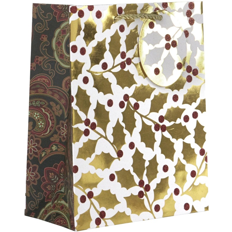 Medium Matte Christmas Gift Bags with Foil & Glitter, Holly