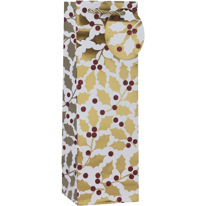 Wine Bottle Matte Christmas Gift Bags with Foil & Glitter, Holly