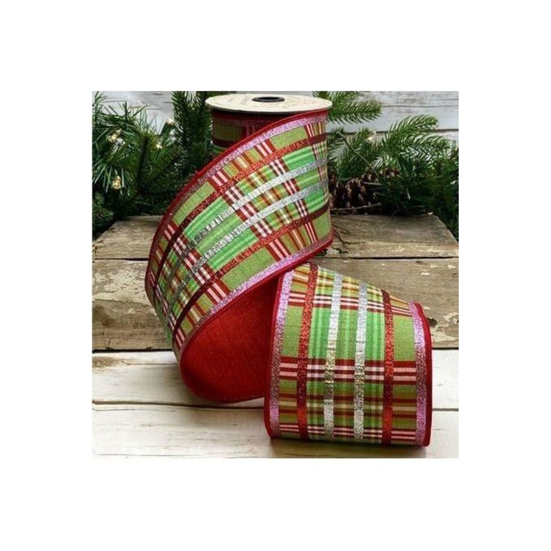 4″ Faux Dupion Plaid Glitter Ribbon: Green, Pink & Red (5 Yards)