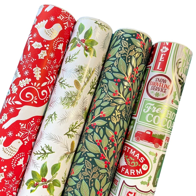 Red & White Christmas Wrapping Paper Roll Bundle (25 sq ft per roll, 100 total sq ft), 4 Pack