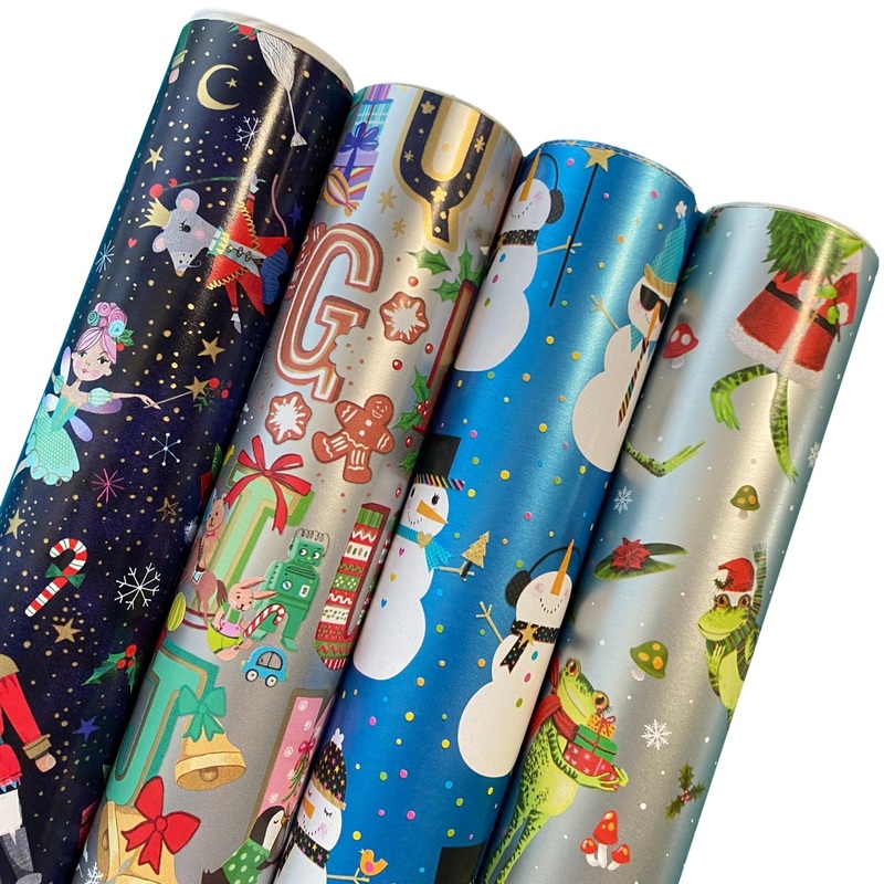 Whimsical Christmas Wrapping Paper Roll Bundle (25 sq ft per roll, 100 total sq ft), 4 Pack