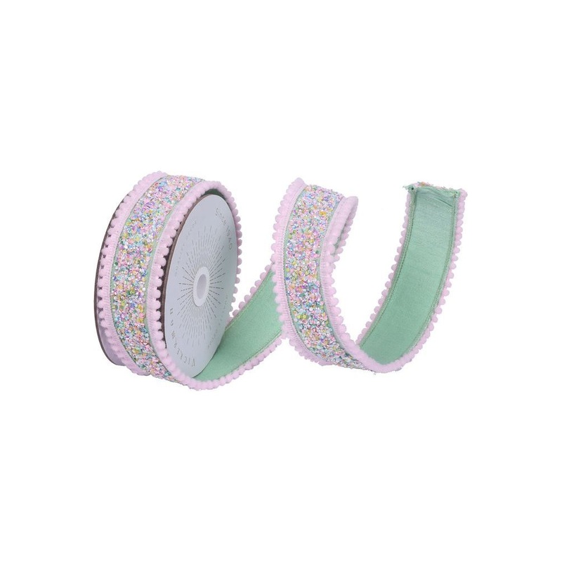 1.5″ Frosty Mint Sequin Pink Ribbon (10 Yards)