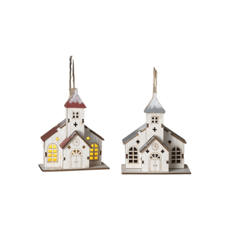 4″ Lighted Laser Wood Church Ornaments