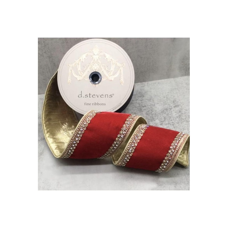 4″ Velvet Gold Jewel Ribbon: Red (5 Yards)