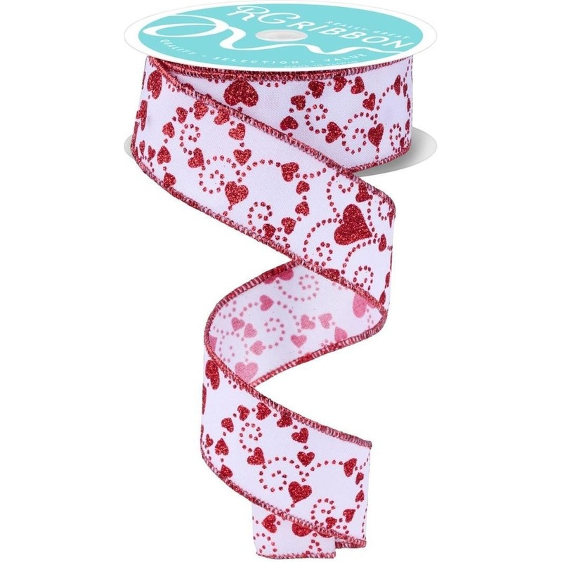 1.5″ Mini Swirl Heart Ribbon: White/Red (10 Yard)