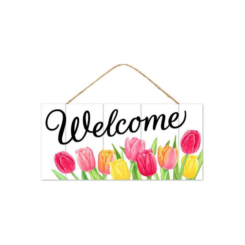 12″ Wooden Sign: Welcome with Tulips