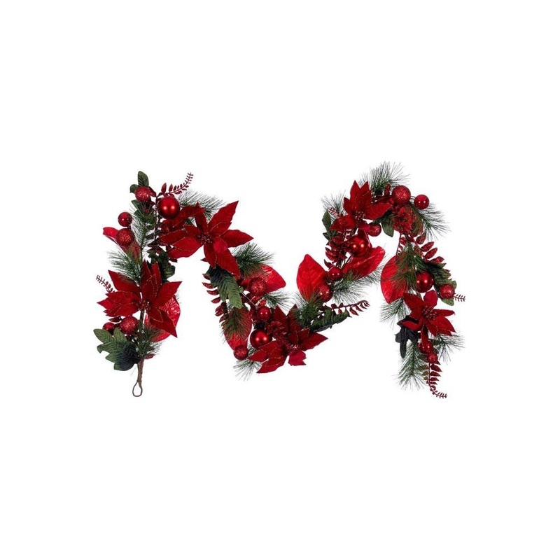 72″ Merry Red Poinsettia Decorated Garland