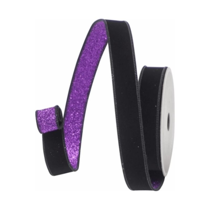 1″ Velvet Fusion Ribbon: Black/Purple (10 Yards)
