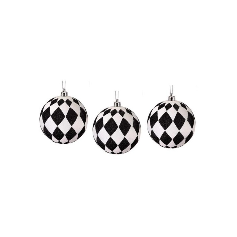 4″ Glitter Harlequin Ball Ornaments: Black/White (3 pack)