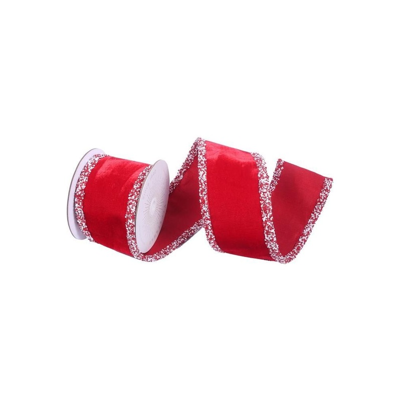 4″ Red Velvet Sequin Trim Ribbon: Red/White (5 Yards)
