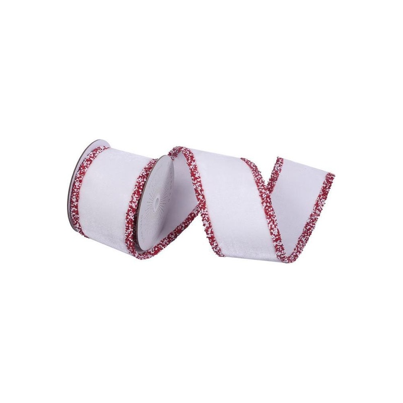 4″ White Velvet Sequin Trim Ribbon: White/Red (5 Yards)