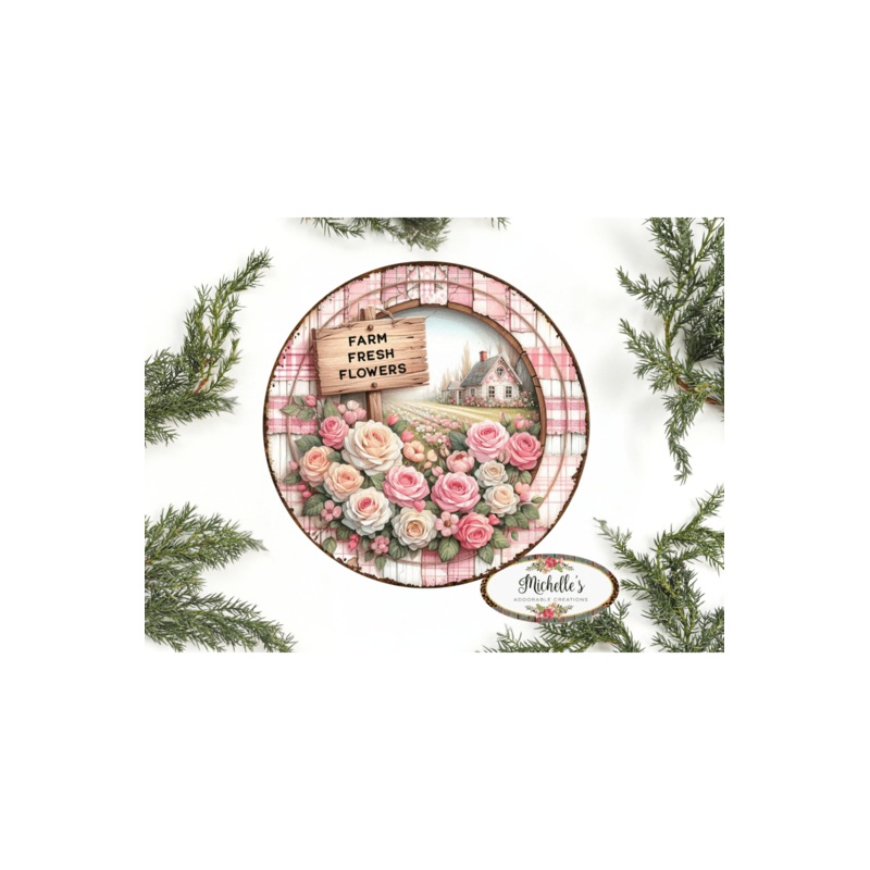 Farm Fresh Pink Flowers Metal Sign