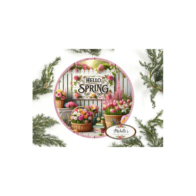 Hello Spring Pink Floral Metal Sign