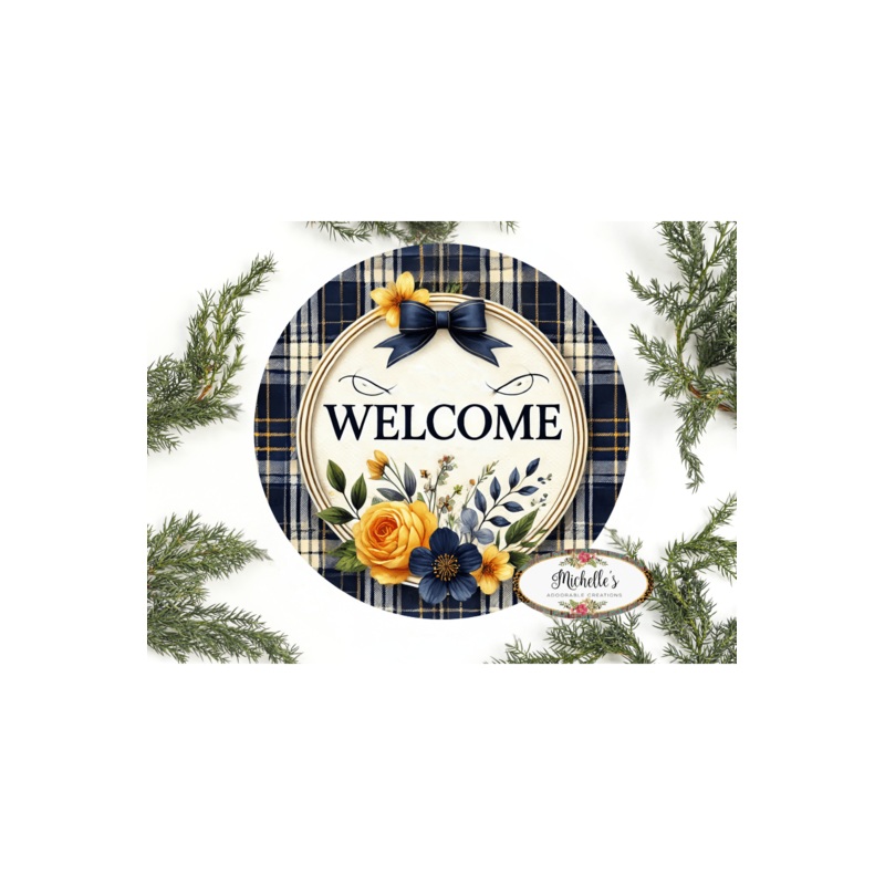 Welcome Blue Plaid Metal Sign
