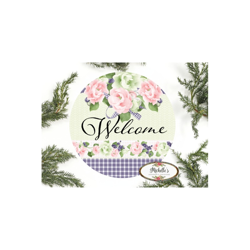 Welcome Purple Gingham Floral Round Sign