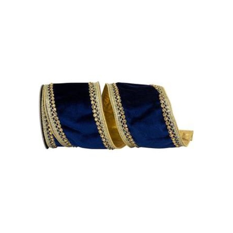 4″ Velvet Deluxe Jewel Ribbon: Navy/Gold (5 Yards)